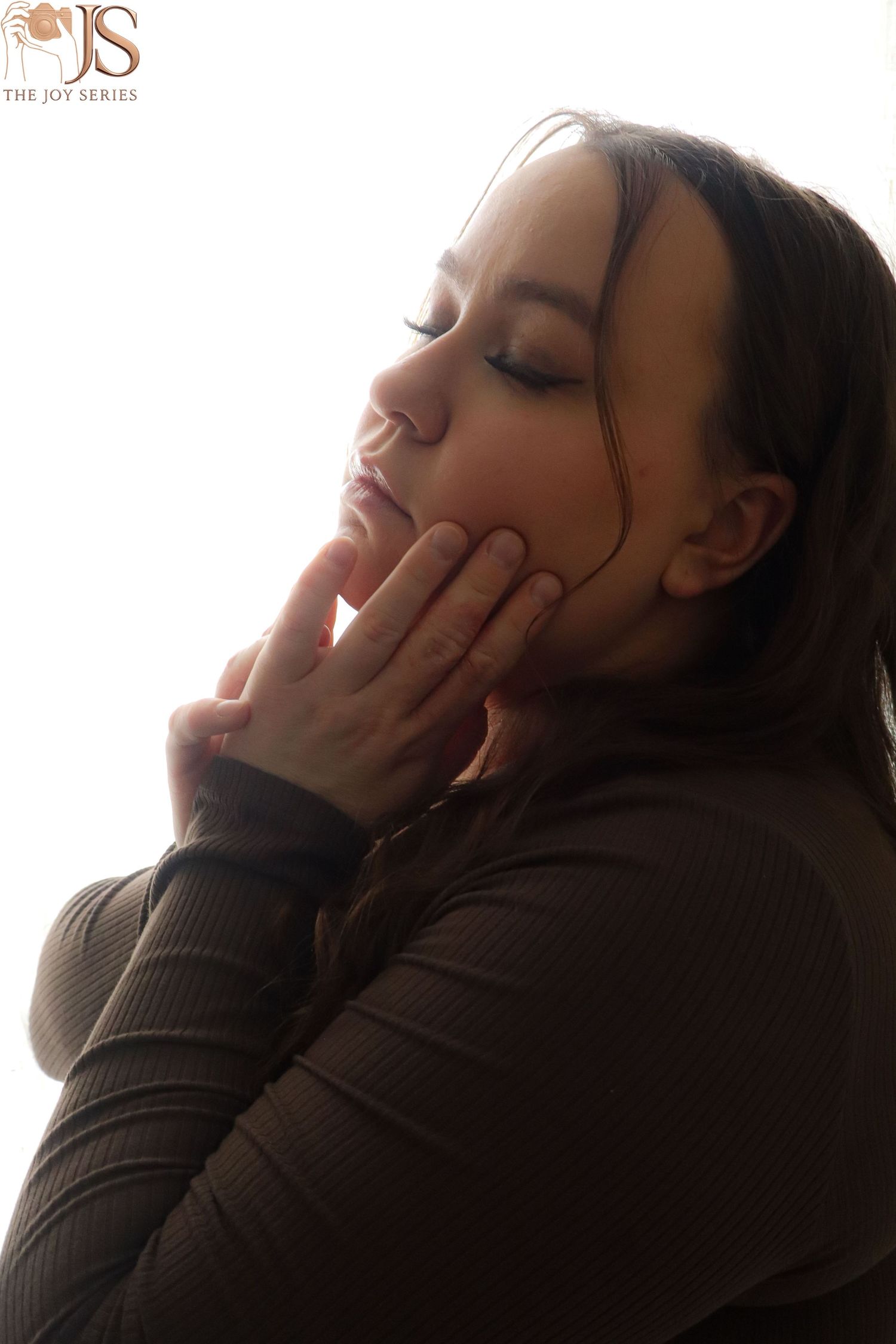 A series of four moody portraits showing a person in a brown sweater with eyes closed in contemplative poses.