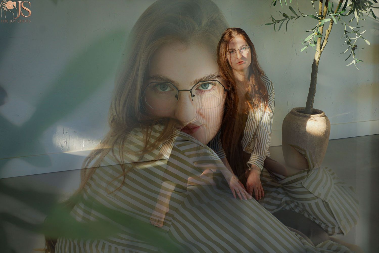 Artistic photo series with green tones showing reflections and shadows through glass.