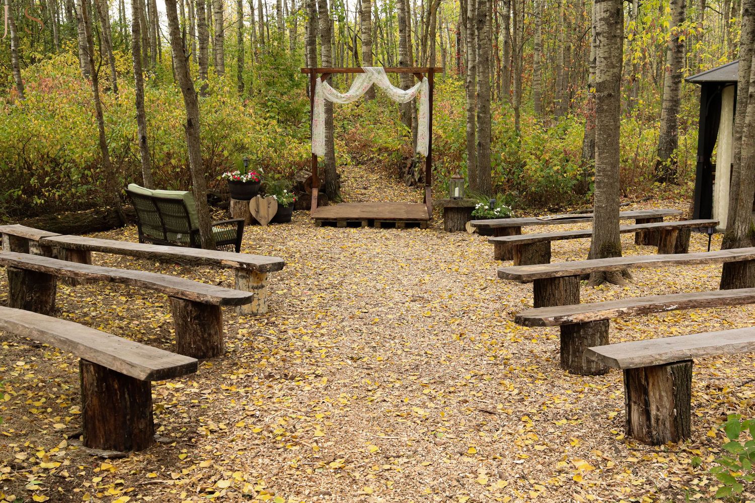 Rustic wooden benches line a leaf-covered forest path leading to an elegant white arch for an outdoor wedding ceremony.