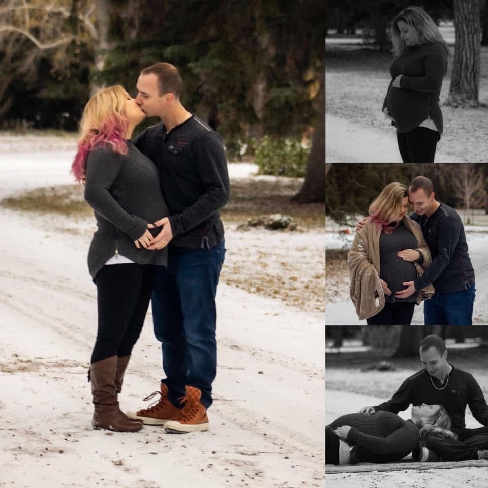 A winter engagement photo collage showing tender moments in the snow.
