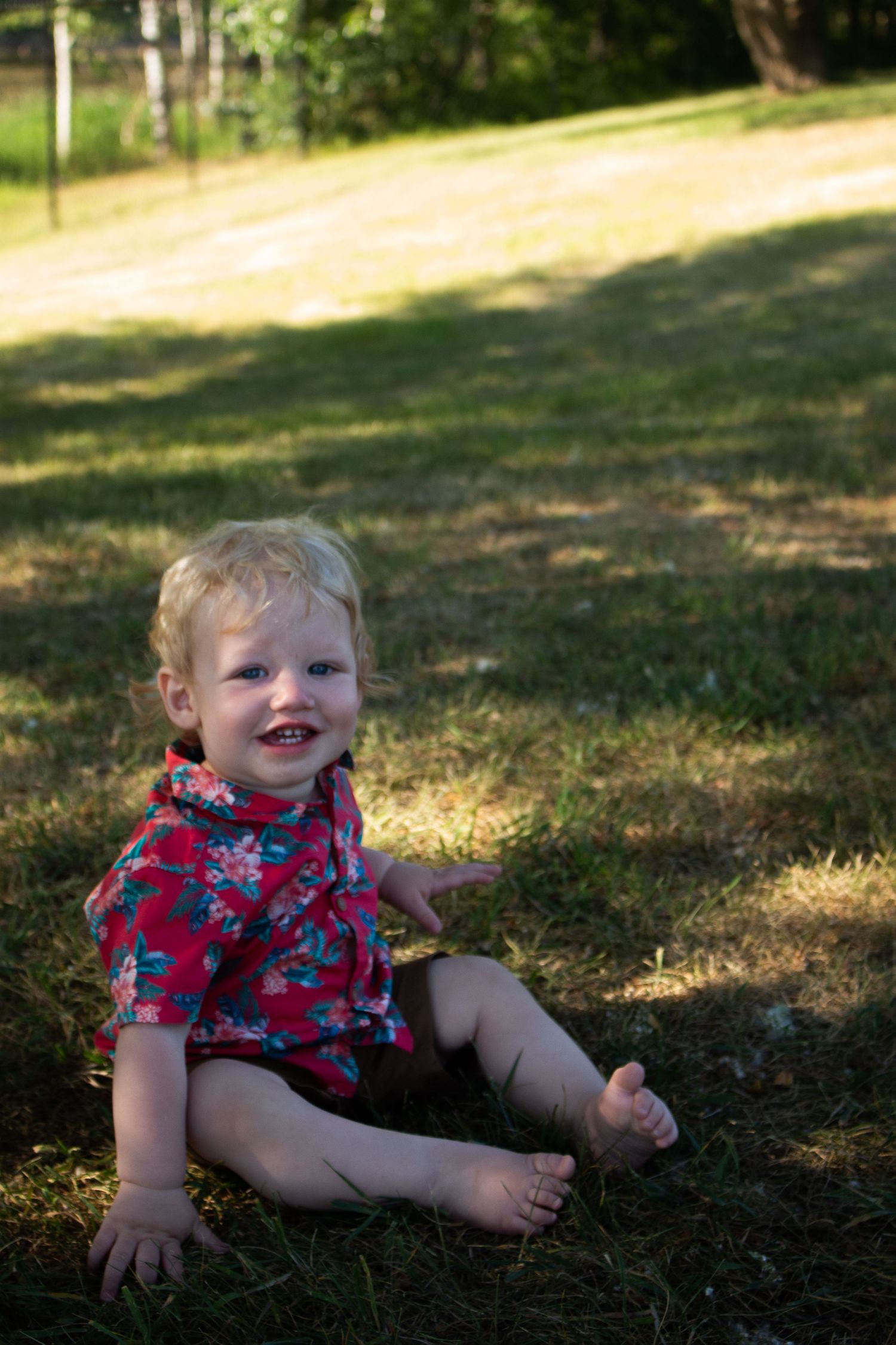 A toddler in a red floral shirt sits on grass in dappled sunlight during a summer day.