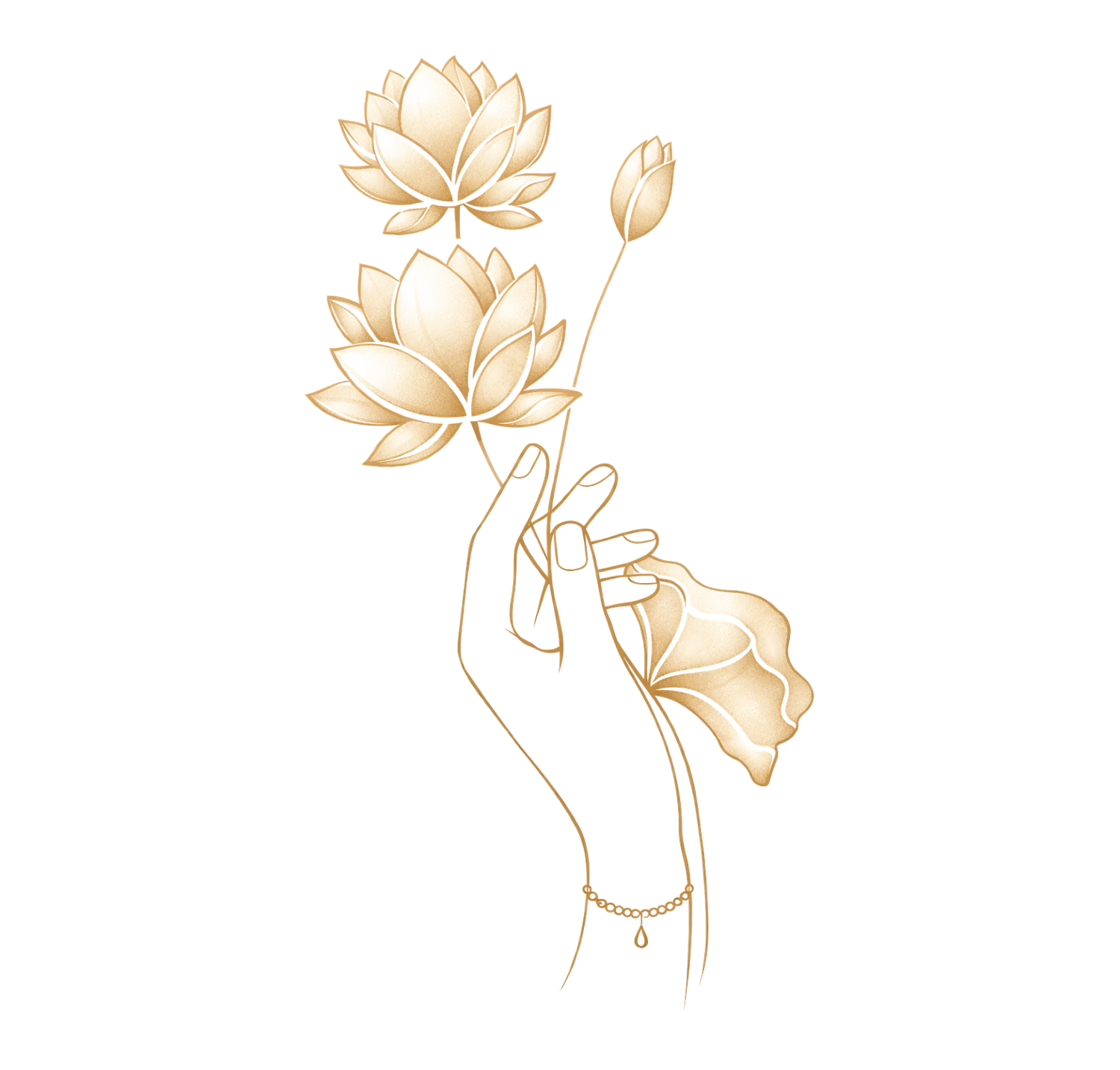 Simple line drawings of hands holding and reaching for delicate lotus flowers in a minimalist beige style.