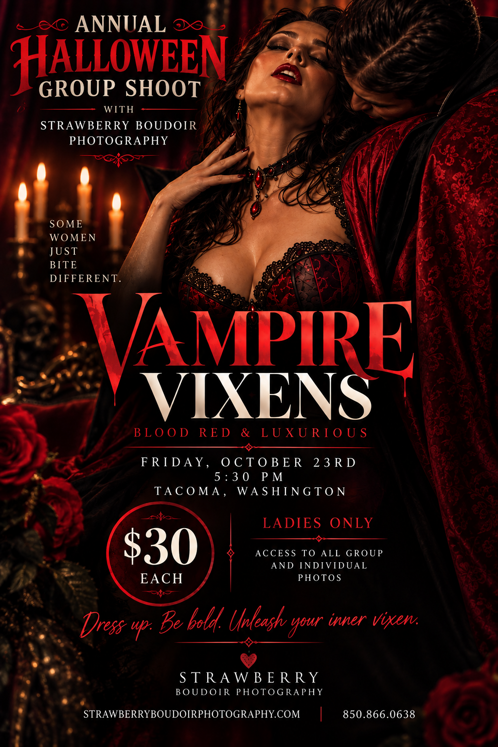 Vampire Vixens Halloween boudoir group shoot flyer for Strawberry Boudoir Photography, October 23rd in Tacoma, WA, $30.