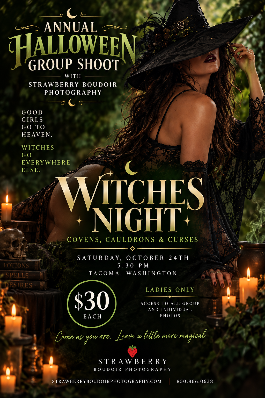 Halloween witch-themed boudoir group photo shoot flyer for Strawberry Boudoir Photography in Tacoma, Washington on October 24th.