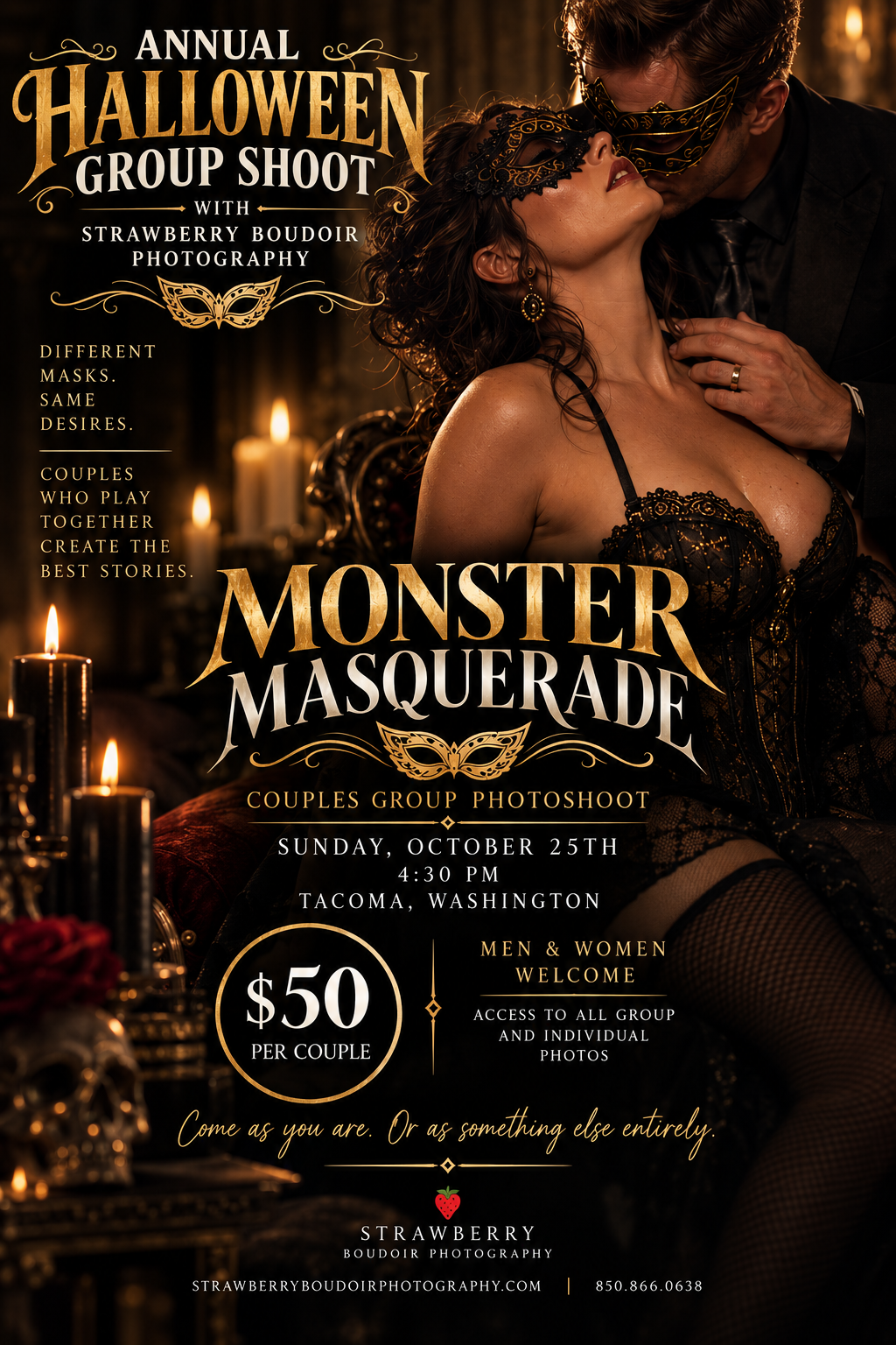 Halloween Monster Masquerade couples boudoir photography group shoot flyer, Tacoma Washington, October 25th, $50 per couple.