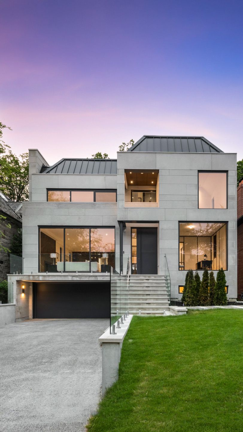 Modern concrete and glass house with sloped driveway features clean lines and large windows at twilight.