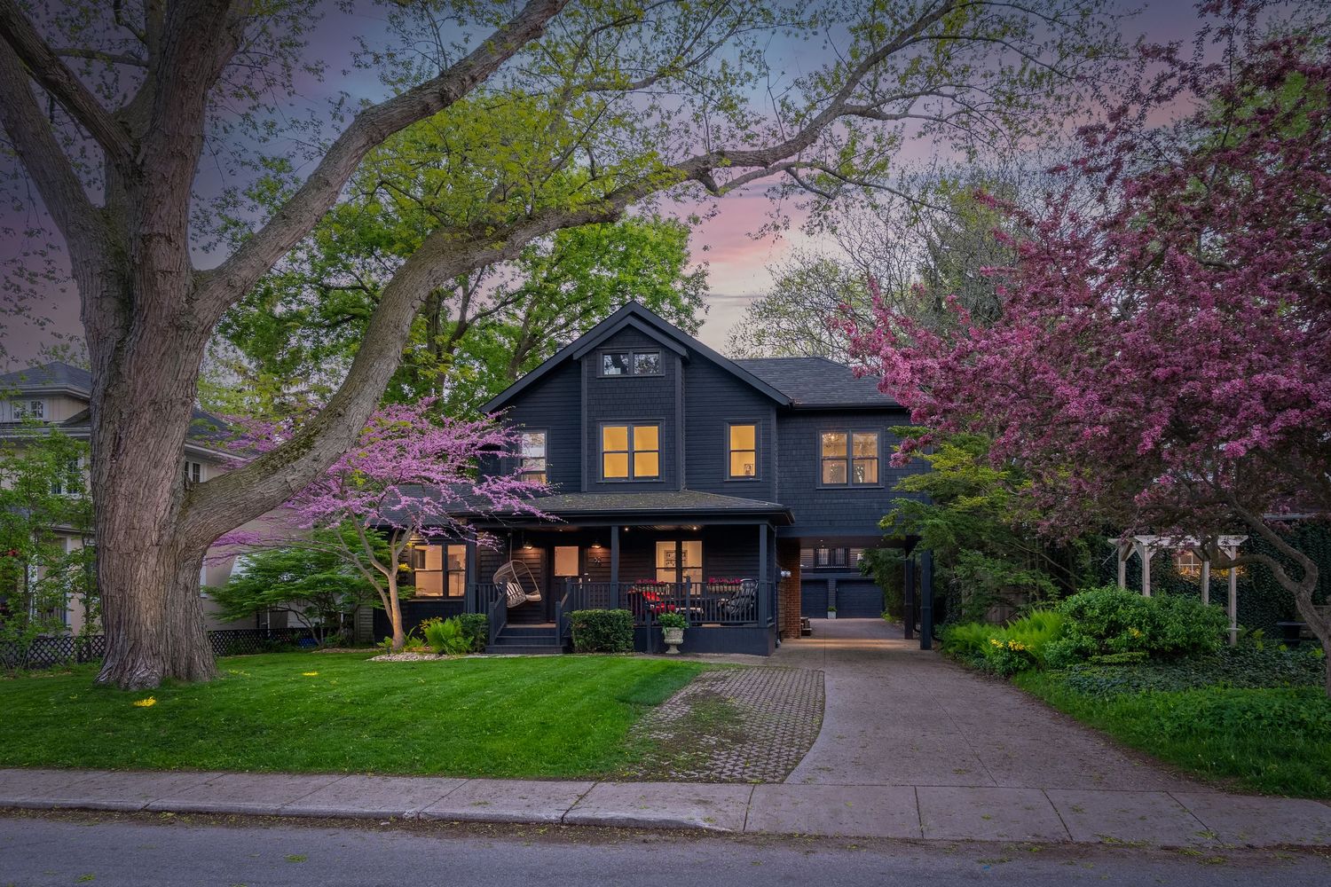 A panoramic view of a residential street lined with blooming cherry trees and craftsman-style homes at dusk.