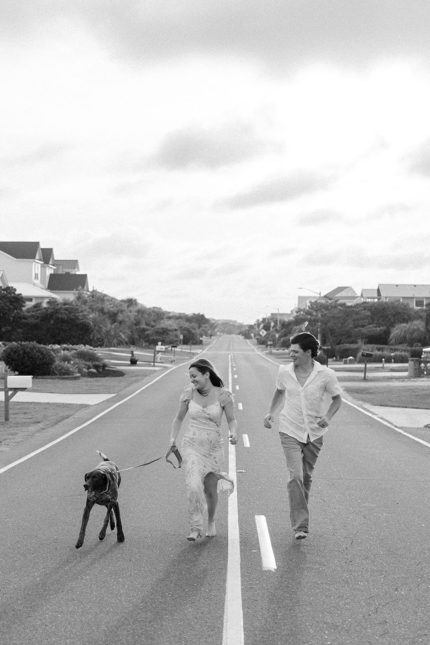 Black and white photo of a couple walking a large dog down a wide road lined with trees and houses.