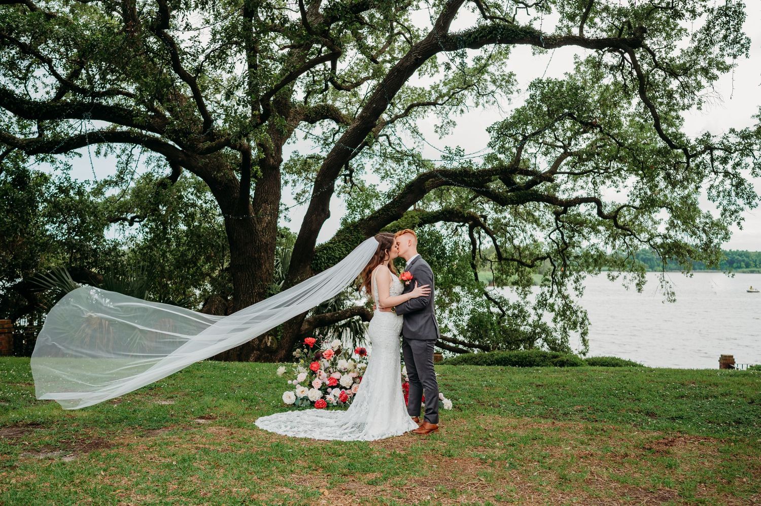 Bride and groom sharing a romantic moment together