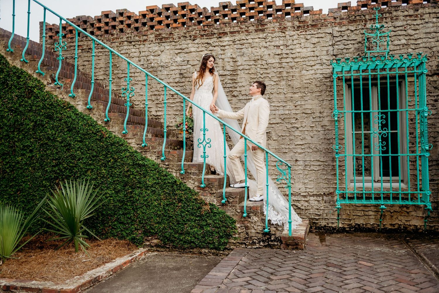 Bride and groom have a romantic moment at atalaya castle