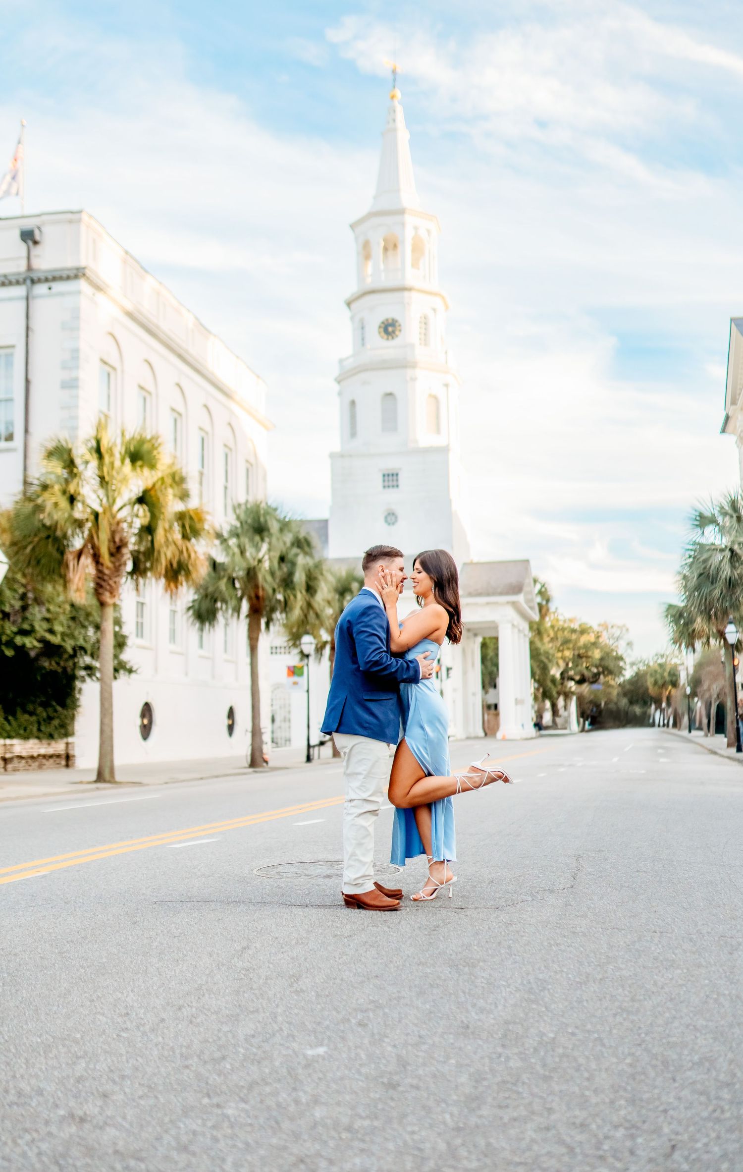 Engaged couple shares a moment in downtown Charleston South Carolina
