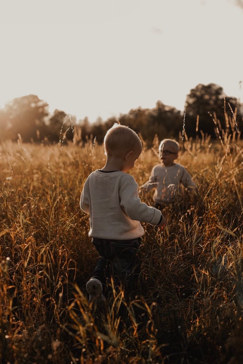 Två barn leker i det högra gräset på en äng under en familjefotografering i solnedgången. Foto: Grevholm Photography
