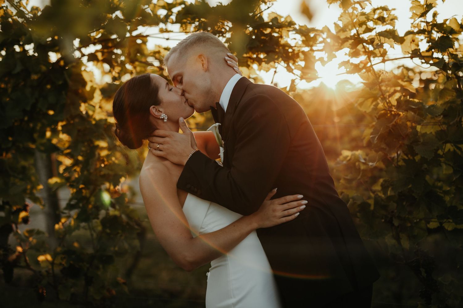 Brudpar omfamnar och kysser varandra i golden hour under deras bröllop på Arilds Vingård. Fotograf Grevholm Photography.