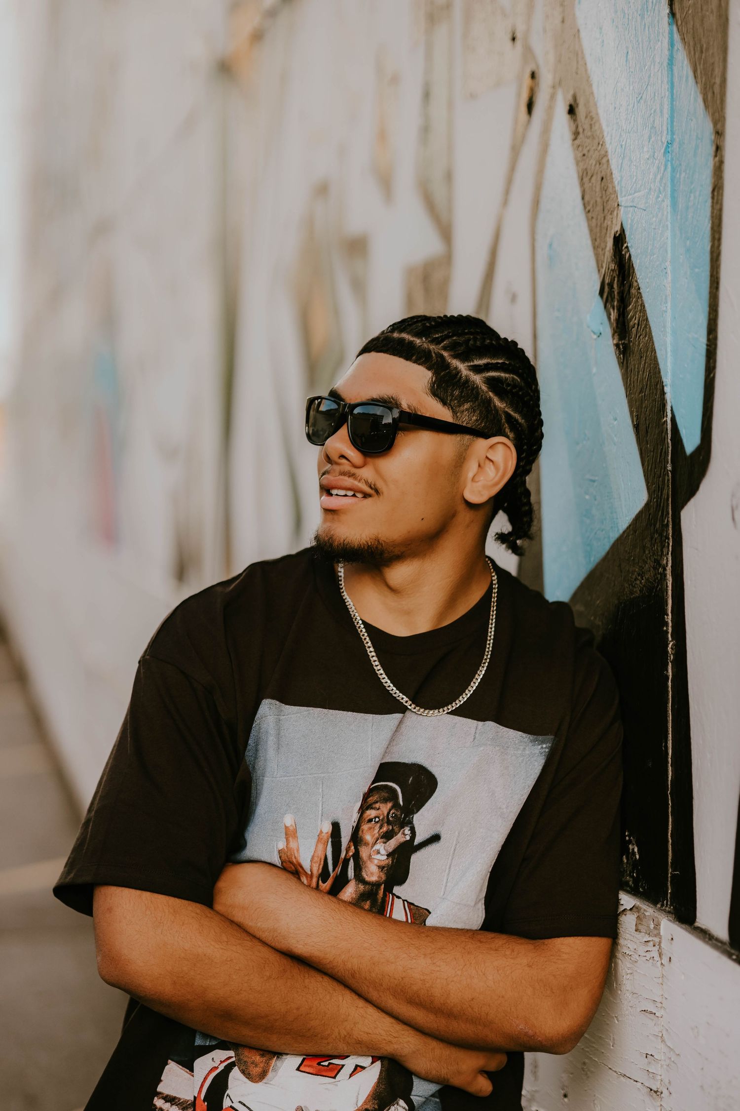 Stylish portrait series showing person in sunglasses and casual attire against light background.
