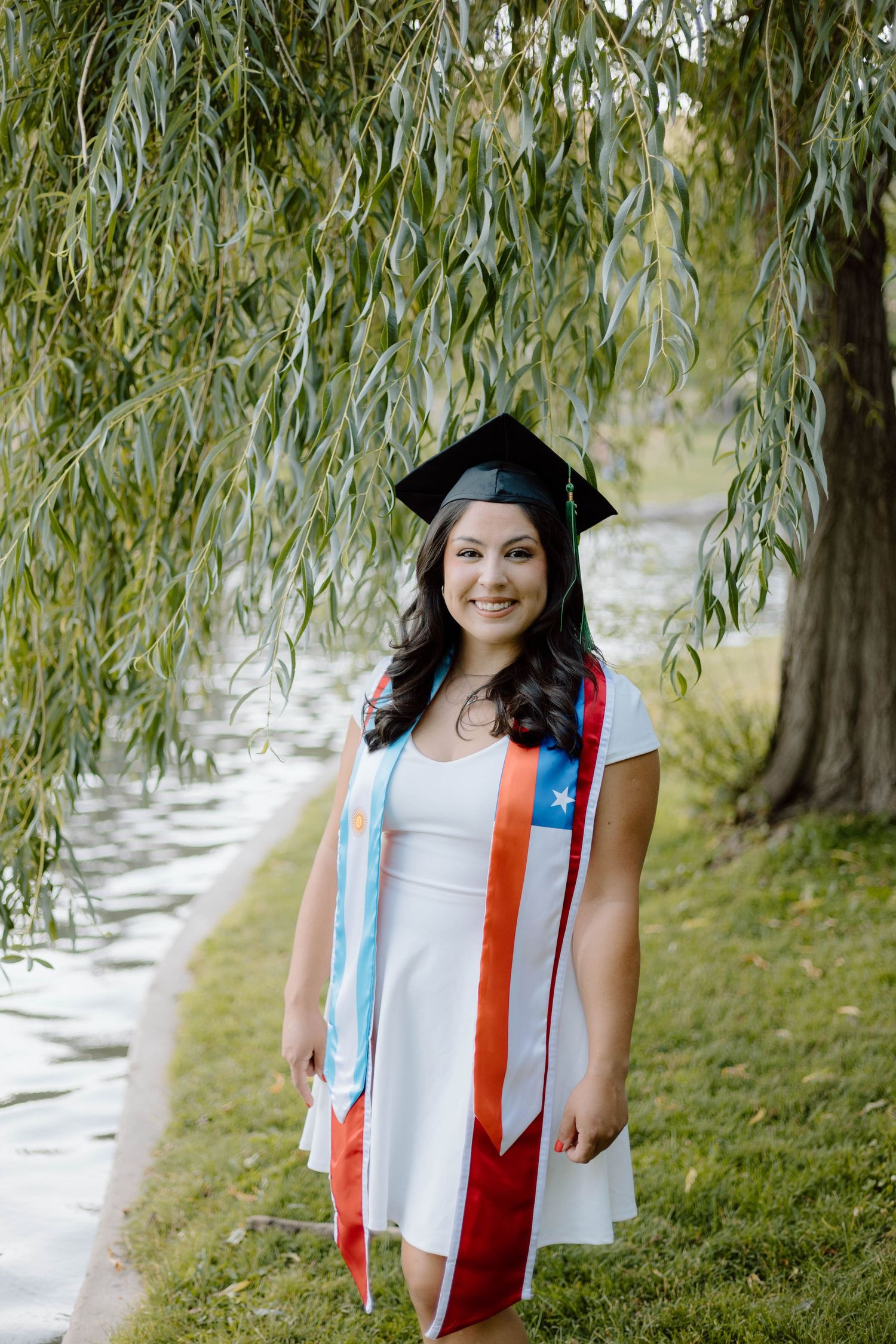 Graduation portrait featuring graduate in cap and gown under weeping willow trees.