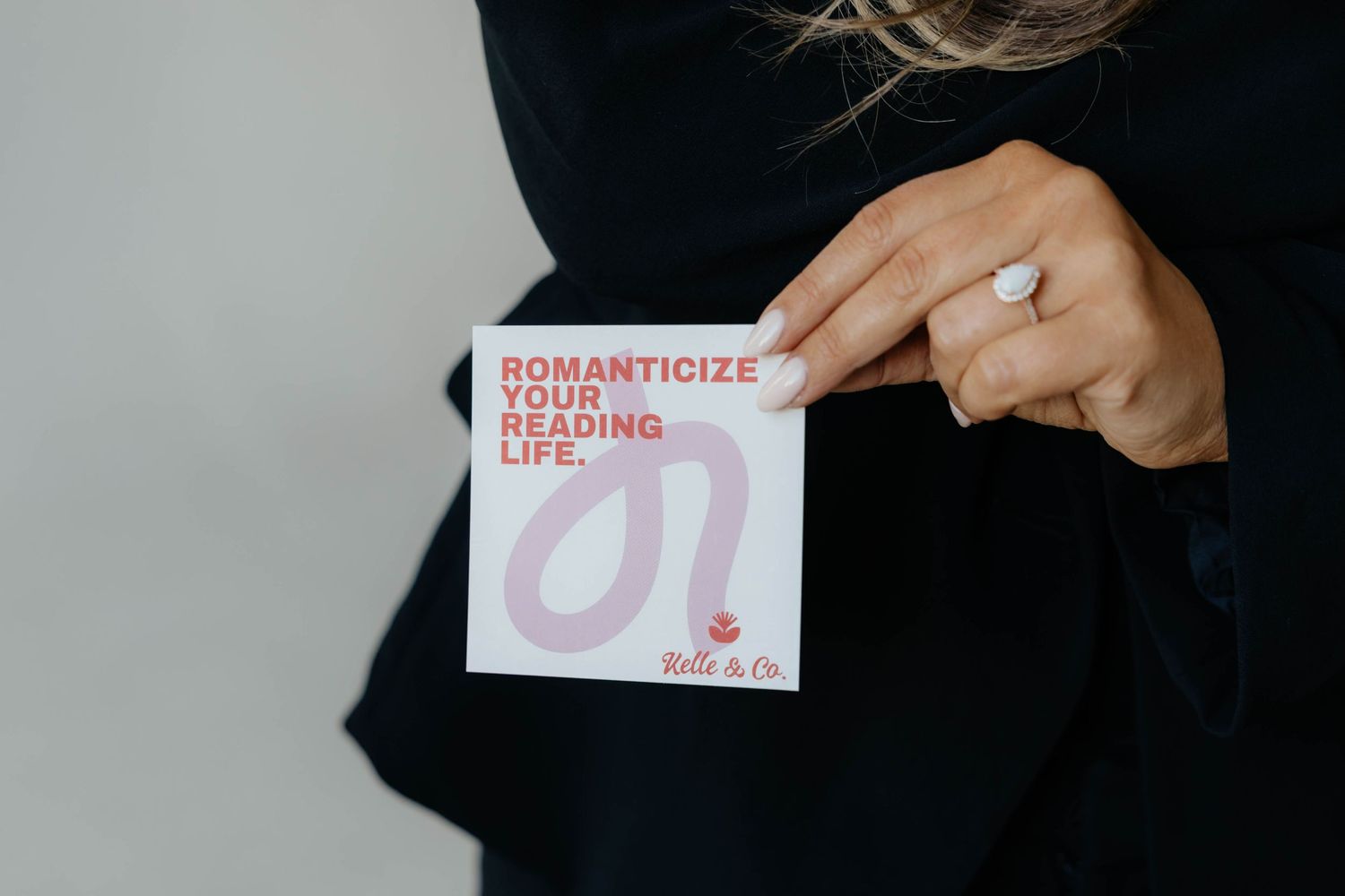 Marketing photo series showing hands holding various promotional cards and business materials.