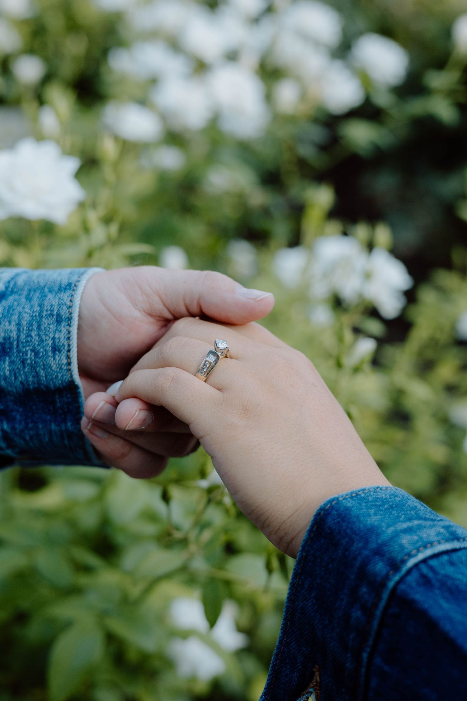 Close-up of hands holding with engagement ring visible against green foliage.