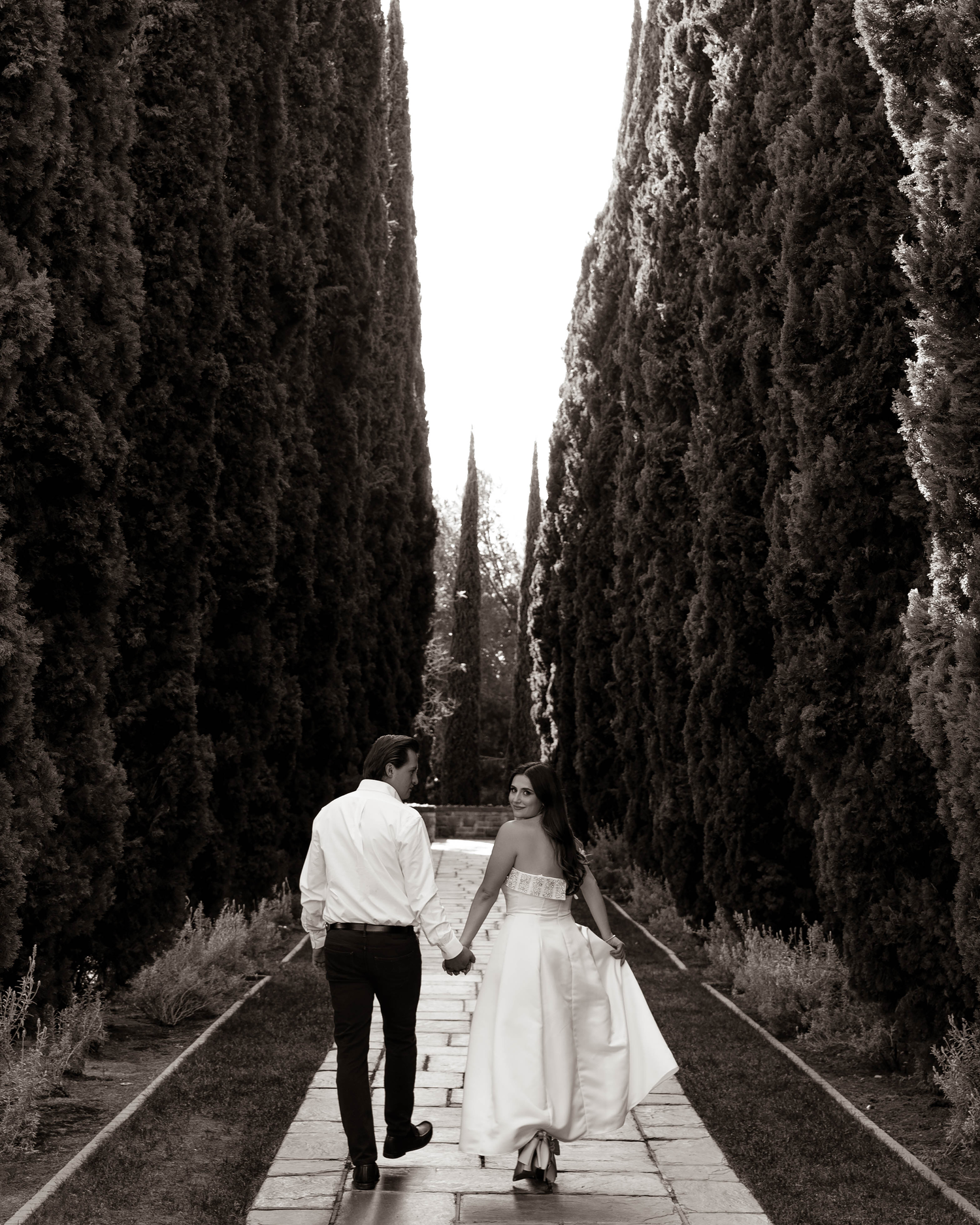 Black and white photo of bride and groom walking hand in hand between tall cypress trees. Greystone Mansion & Gardens