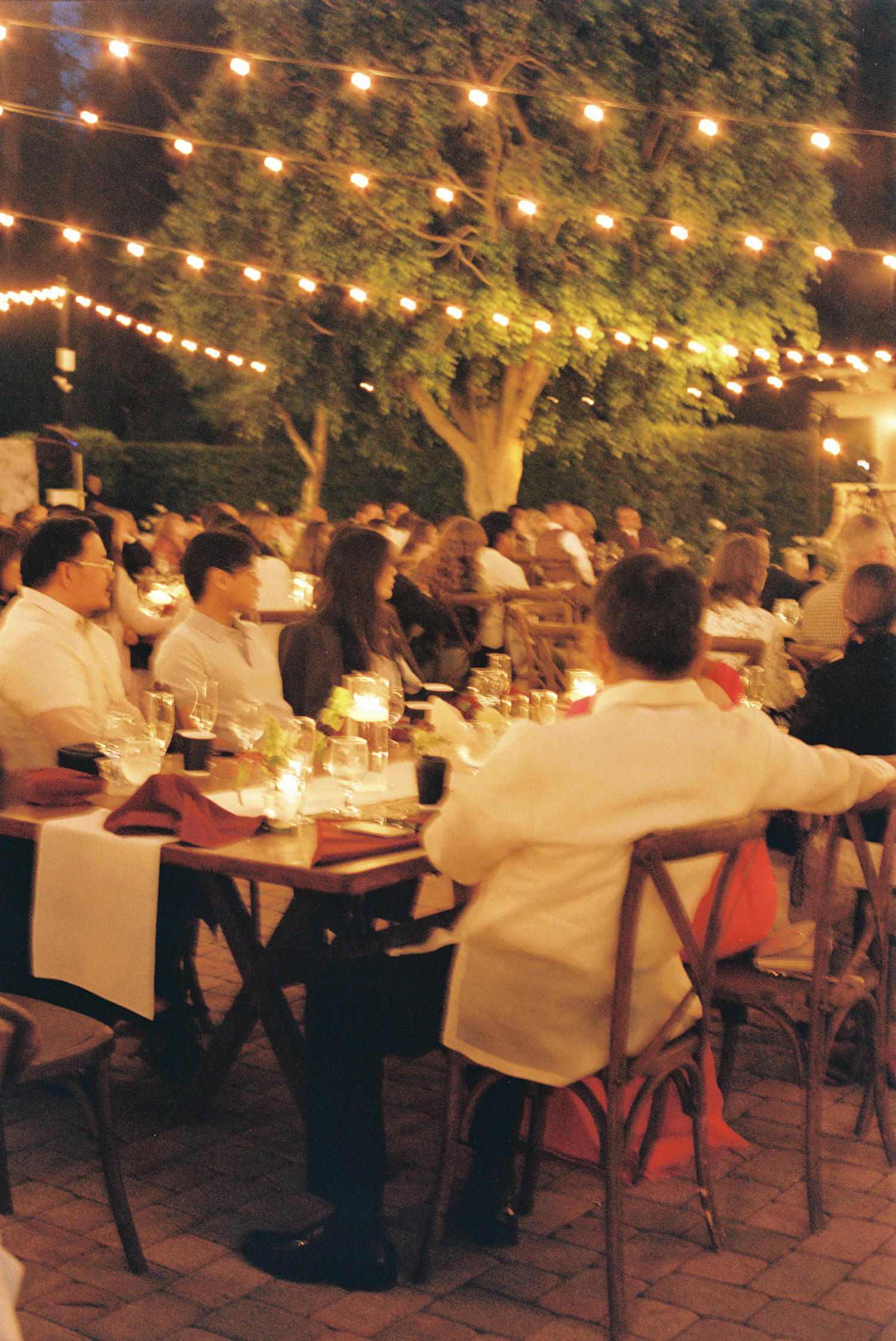 Guests dining at an elegant outdoor evening event with string lights illuminating the patio and lush trees in the background.