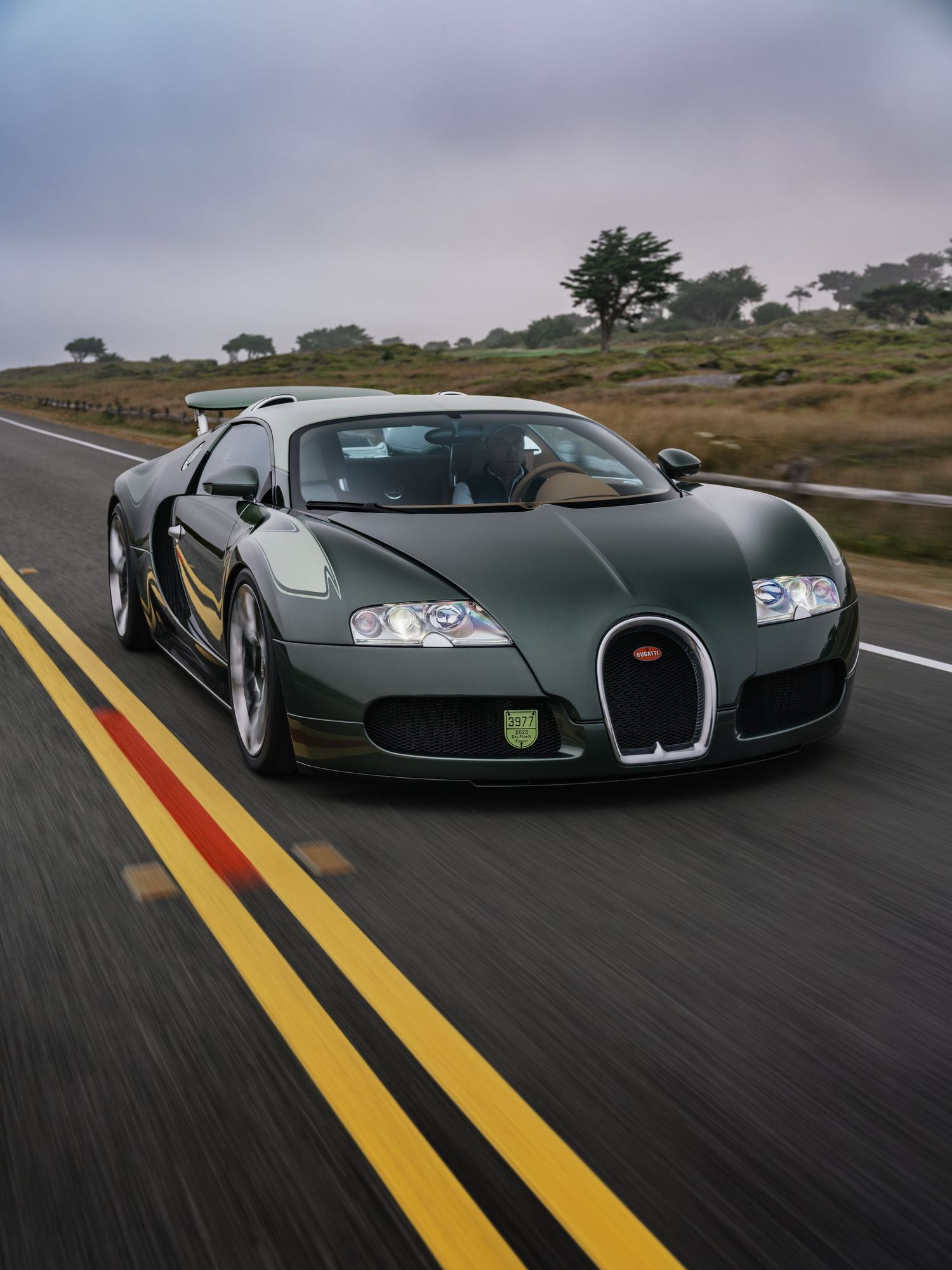 Dark green Bugatti Veyron supercar speeding along a coastal highway under overcast skies.
