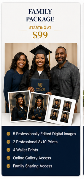 Family graduation photo package starting at $99, including digital images, 8x10 prints, wallet prints, and online gallery access.