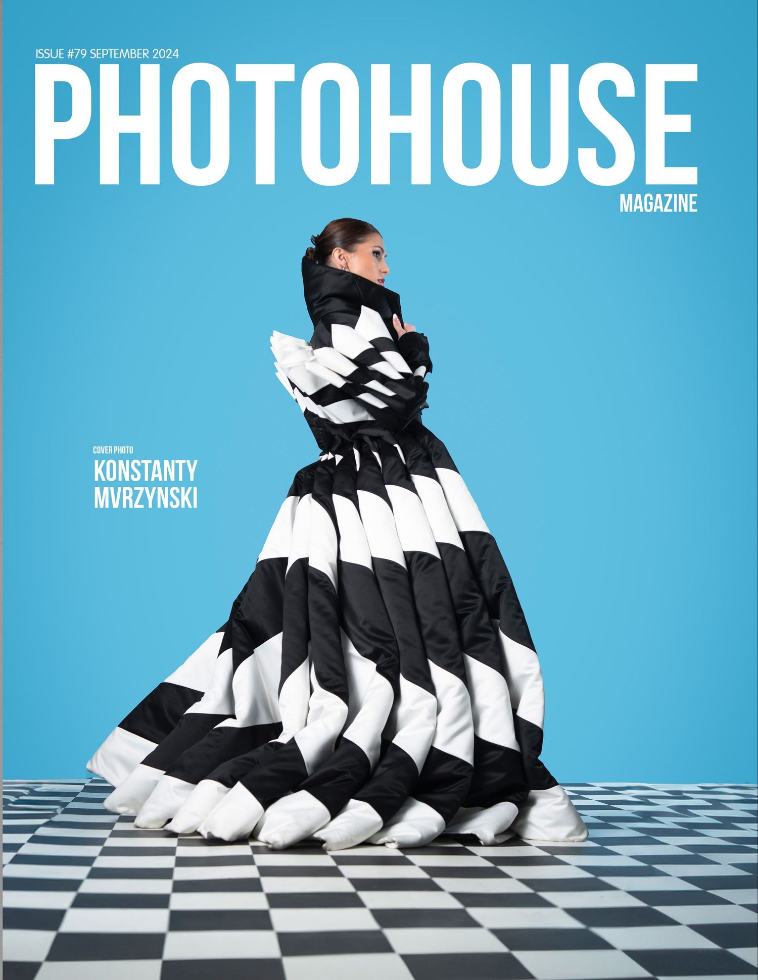 Artistic magazine covers featuring black and white geometric dress on checkered floor.