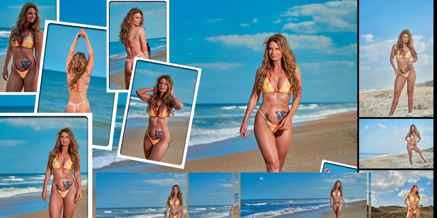 Collage of beach photography featuring swimwear models posing on sandy shoreline.