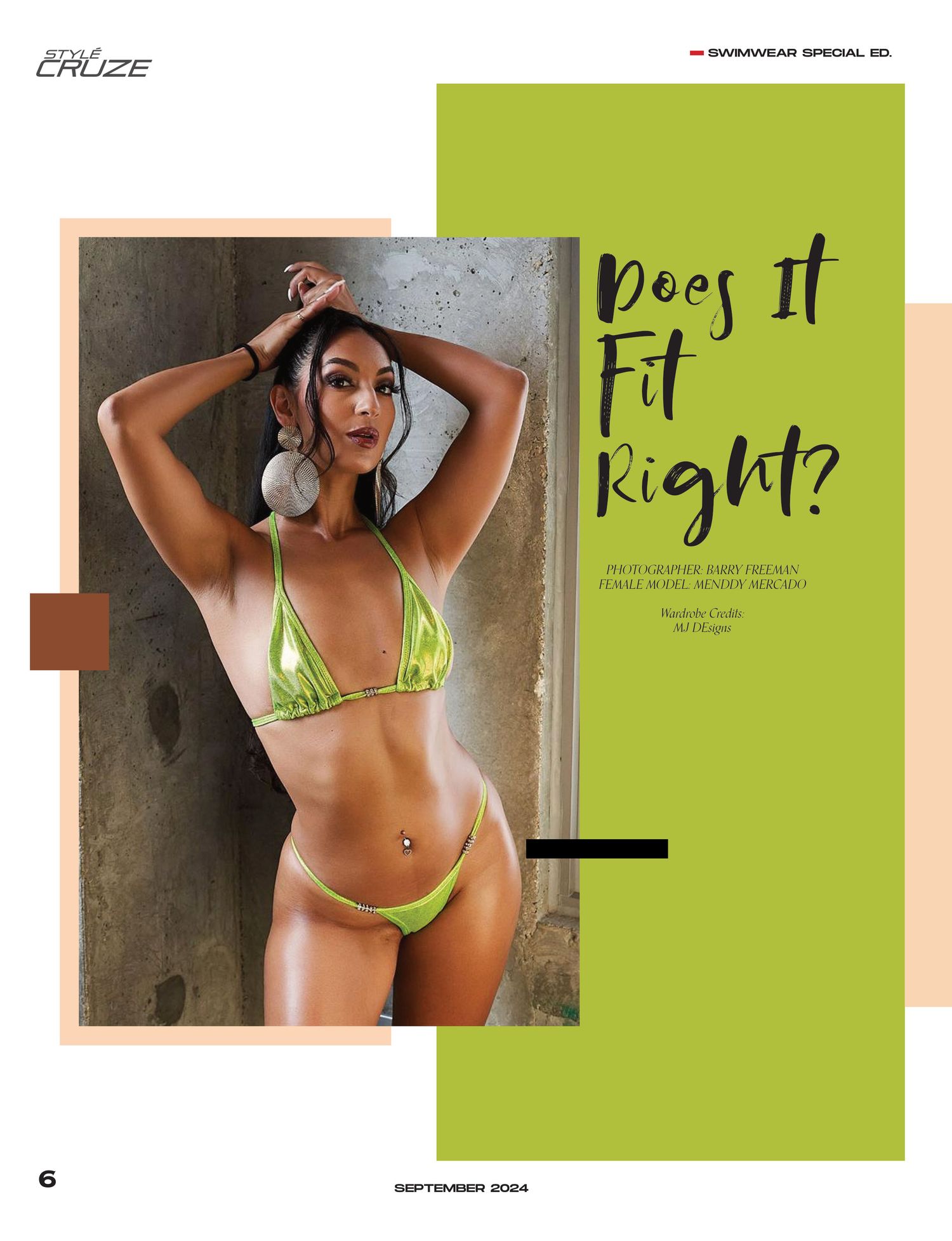 Editorial fashion spread with lime green accents showing swimwear collection.