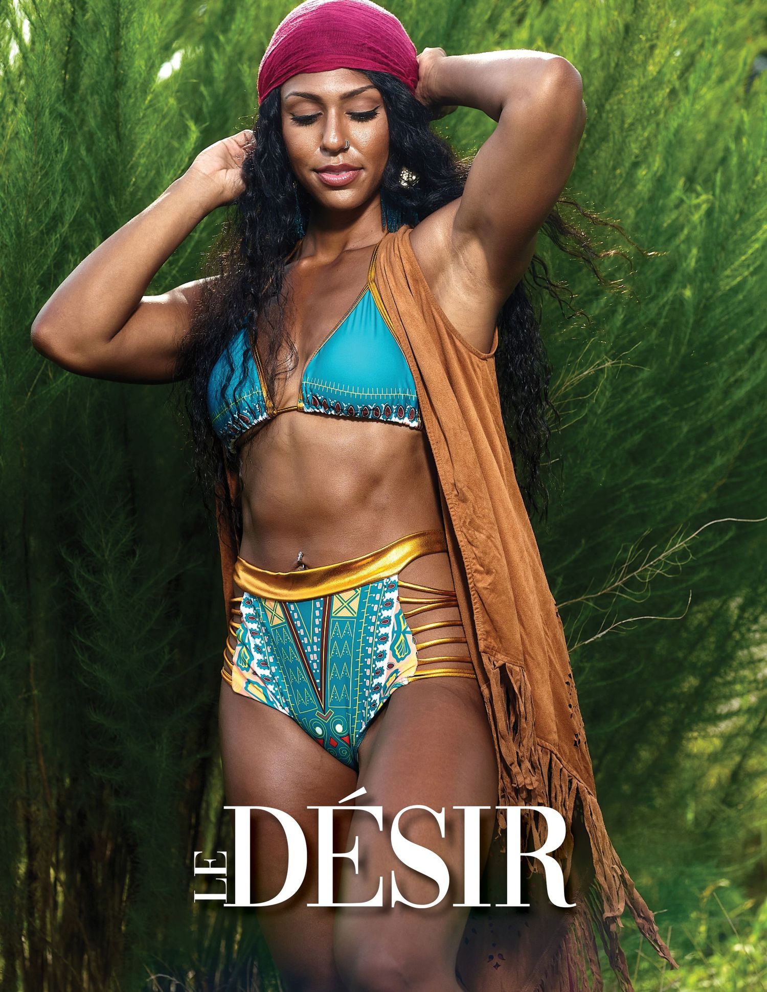 Fashion editorial spread with swimwear and accessories against lush green foliage background.