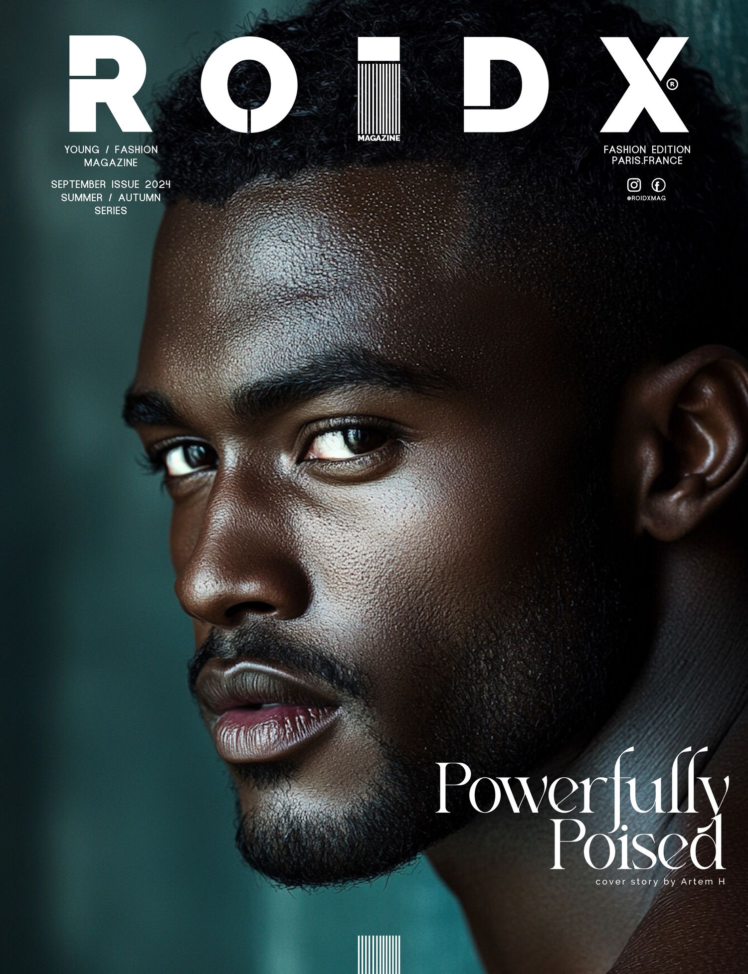 Dark and moody fashion magazine spread with dramatic lighting and shadows.