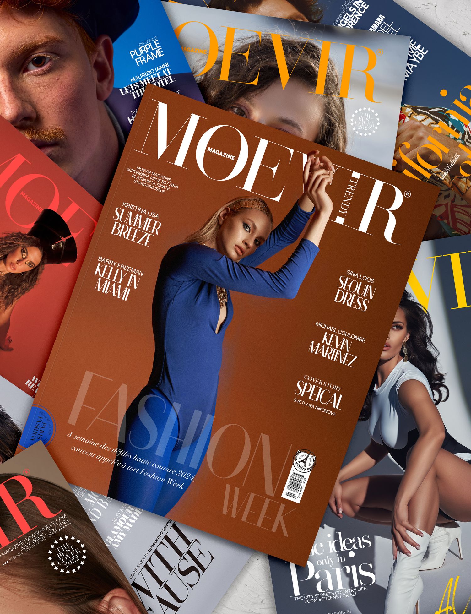 Collection of fashion magazine covers with artistic typography and editorial styling.