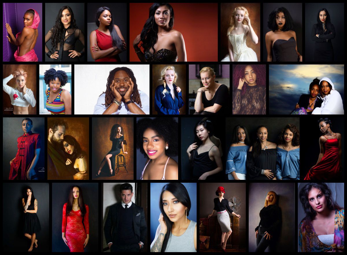 Collection of professional portrait and boudoir photography thumbnails with varied lighting styles.