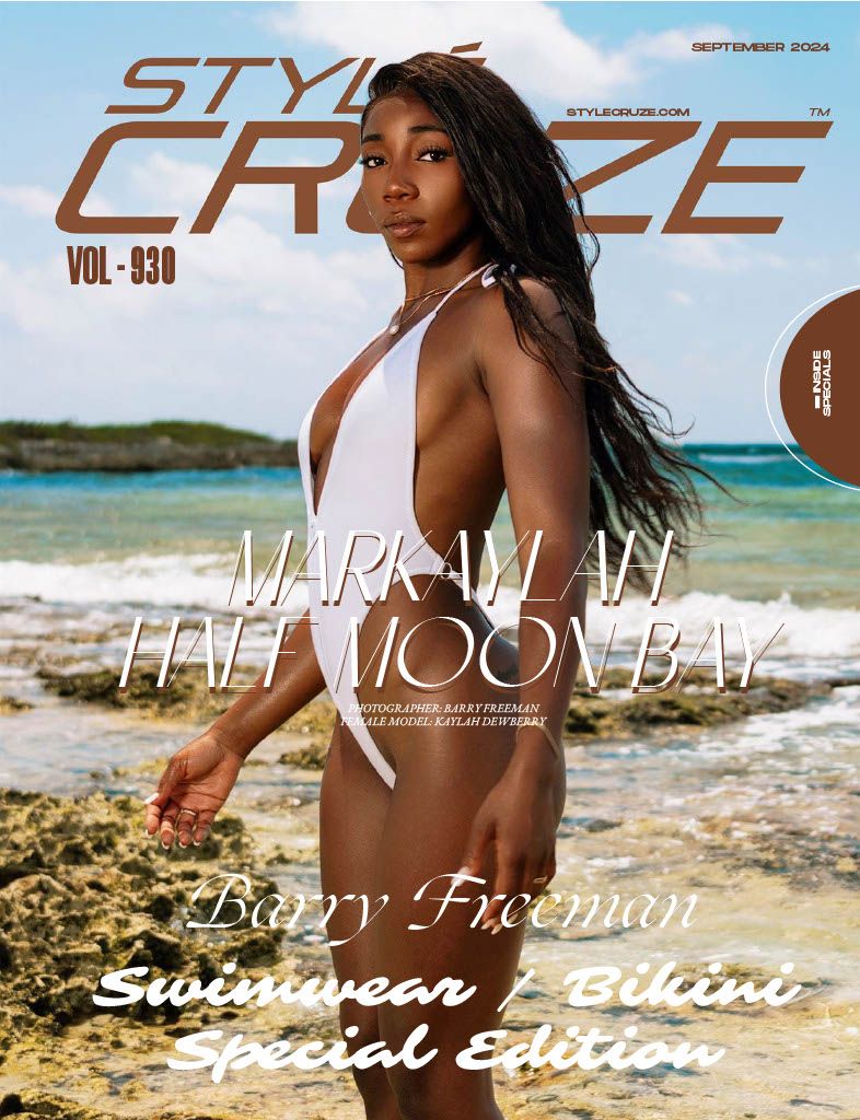 Tropical beach photoshoot layout featuring swimwear and beachwear fashion spreads.