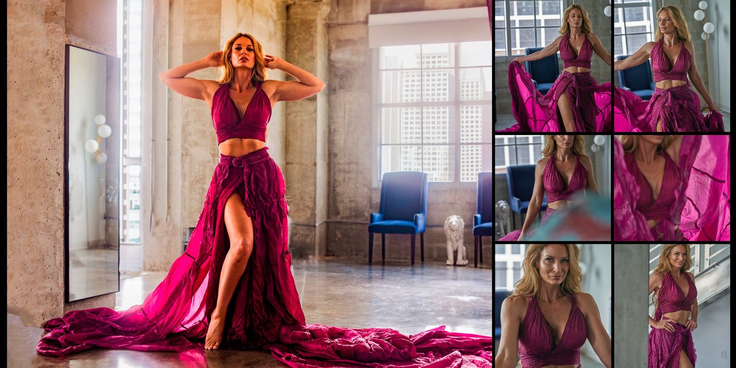 Fashion photography series featuring dramatic gowns in historic building interior.