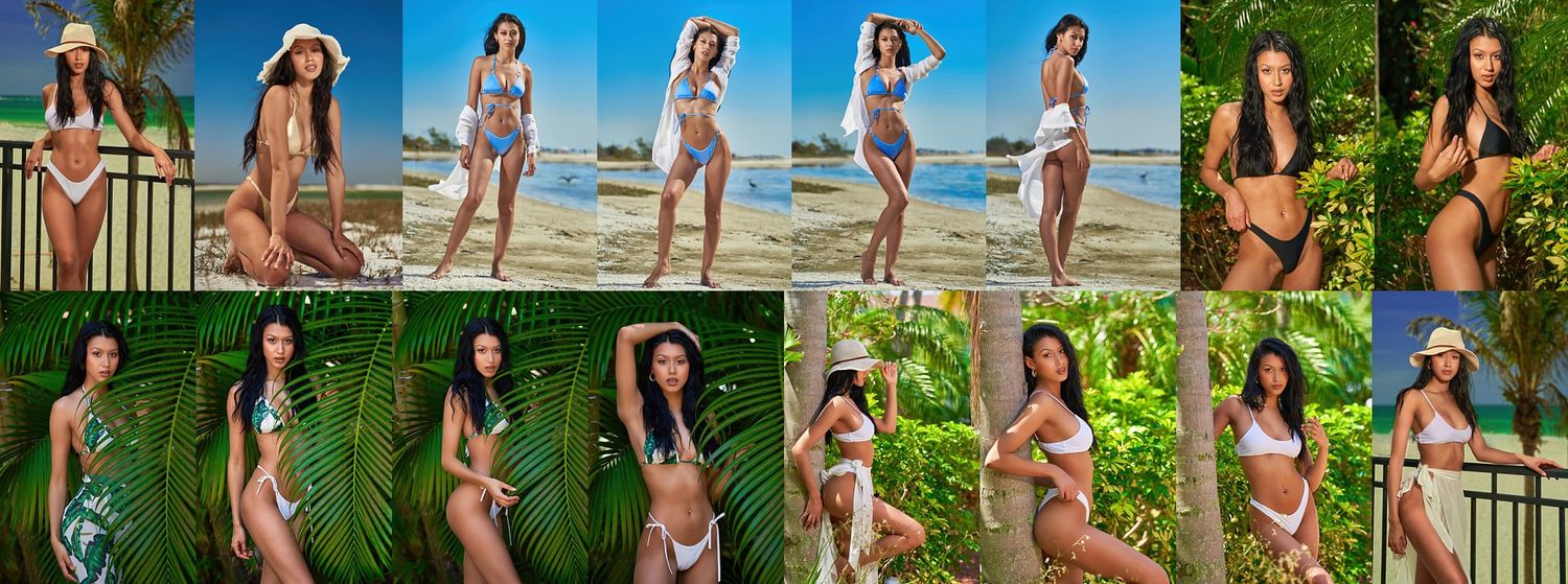 Fashion models pose in various outfits against outdoor backgrounds during a professional photoshoot.