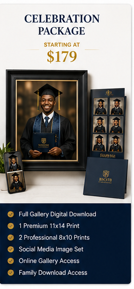 Graduation celebration photography package starting at $179, including digital downloads, prints, and gallery access.