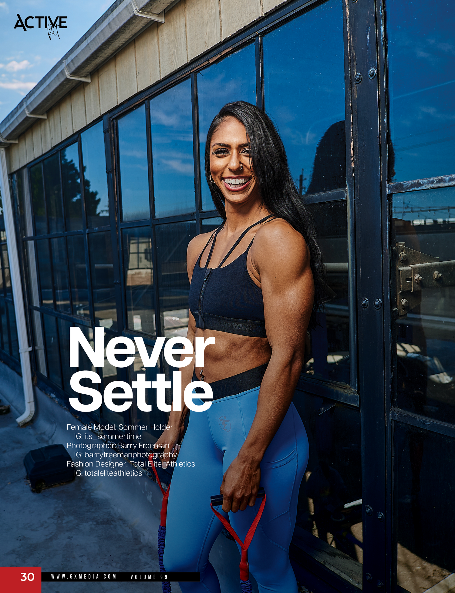 Fitness photoshoot featuring active wear against an industrial backdrop with motivational text.