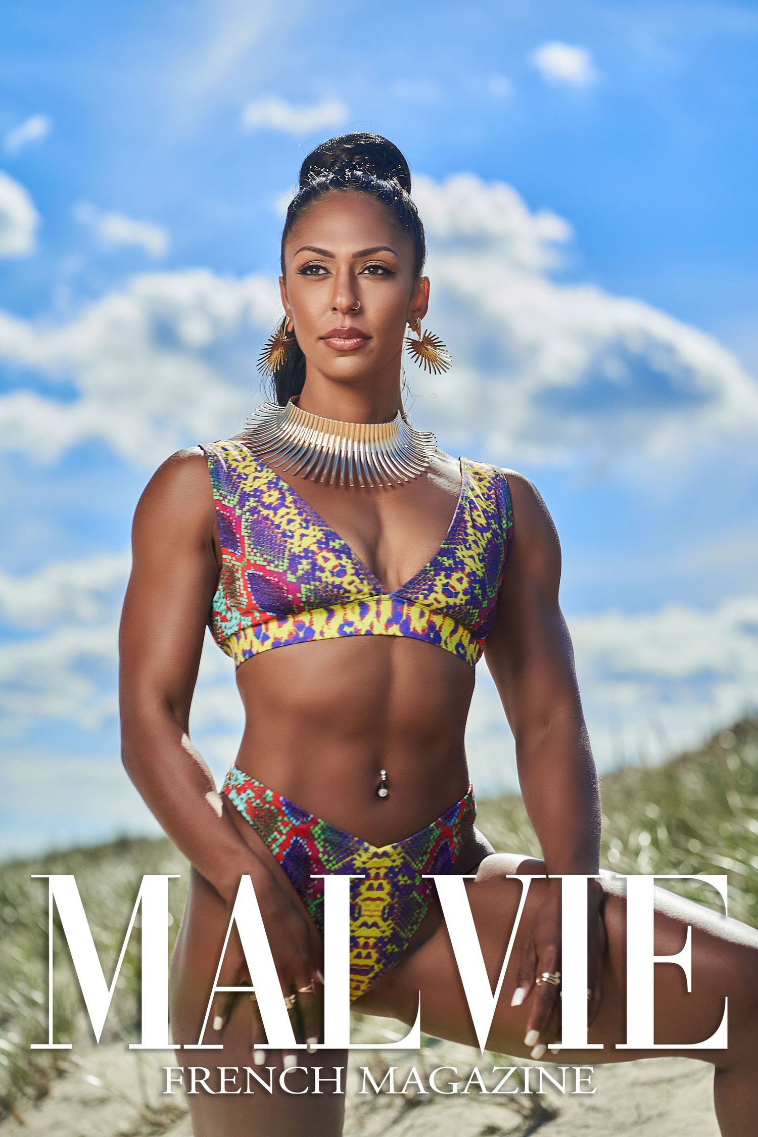 Summer fashion magazine spread featuring swimwear against bright blue sky and clouds.