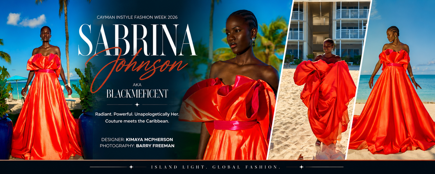 Model wearing a stunning red ball gown at a tropical beach fashion show during Sabrina Johnson Black Magnificent event.