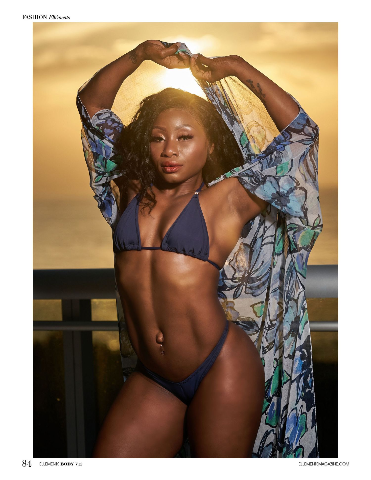 Sunset beach photoshoot featuring swimwear and sheer cover-ups.
