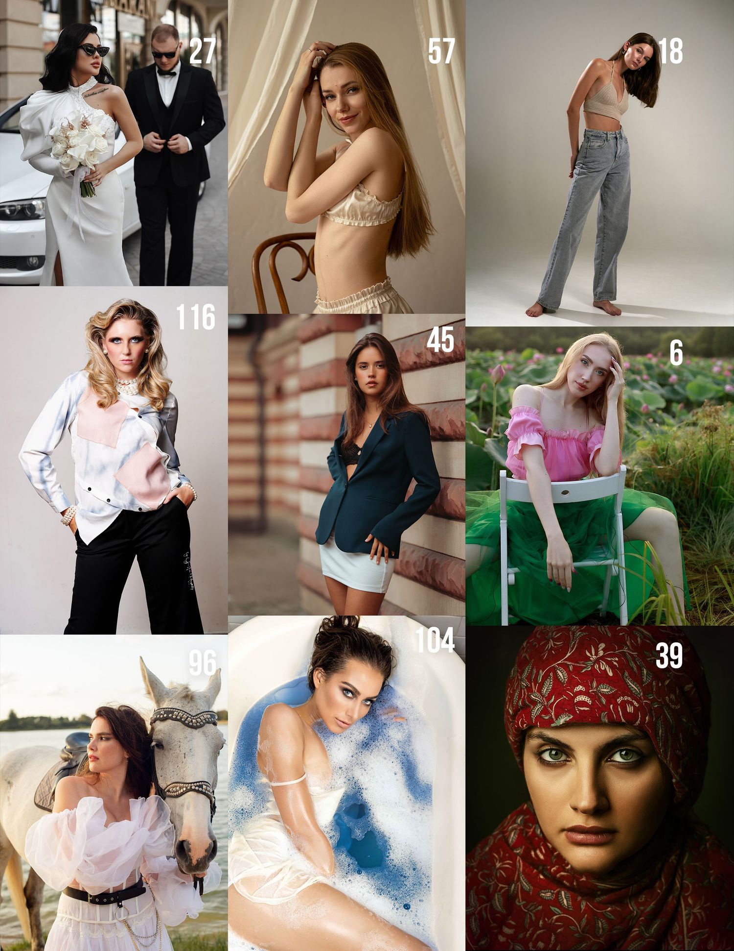 Fashion photography collage showing various editorial and lifestyle shots.