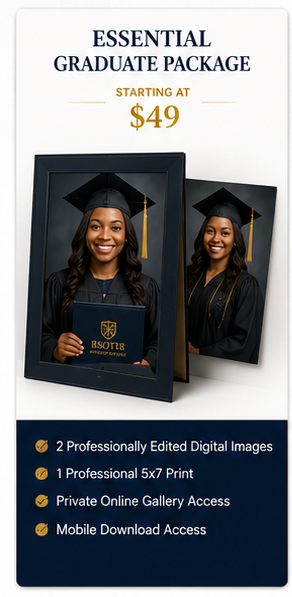 Essential Graduate Package starting at $49, featuring 2 digital images, 5x7 print, and gallery access for graduation photos.