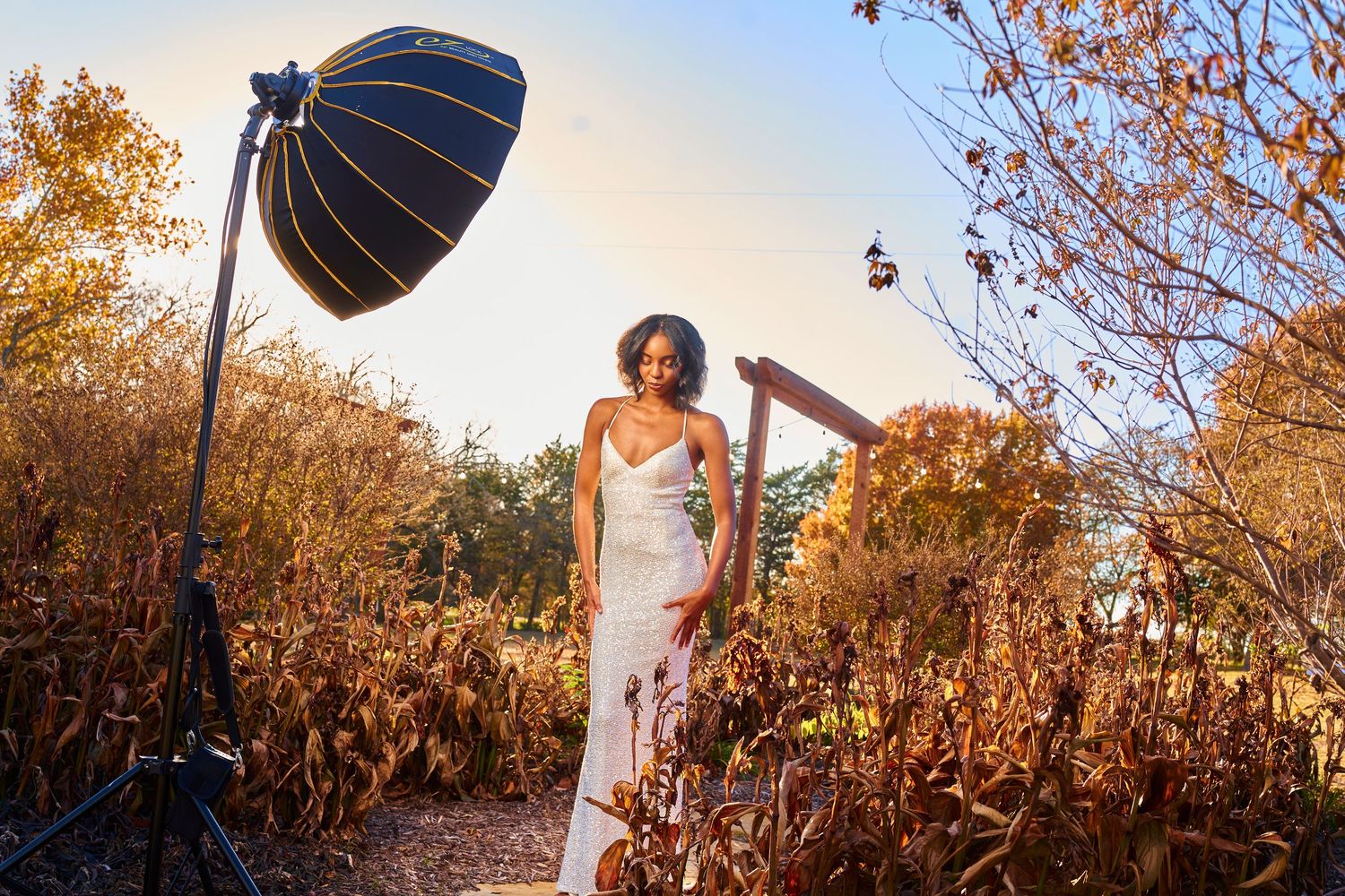 Outdoor photoshoot setup with large softbox lighting equipment in autumn field.
