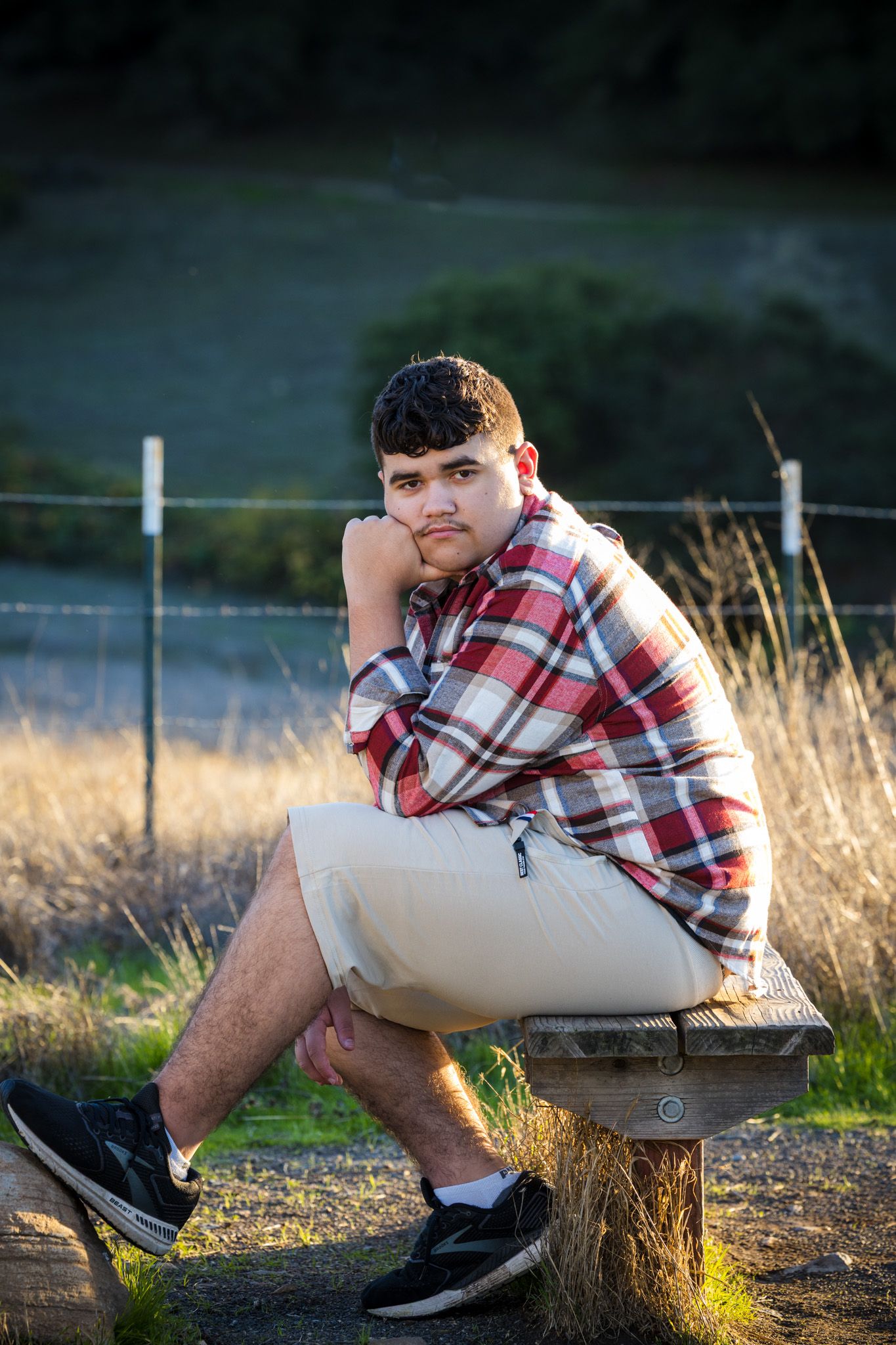 Senior Photos - Person in plaid shirt sits thoughtfully on wooden stump with scenic backdrop.