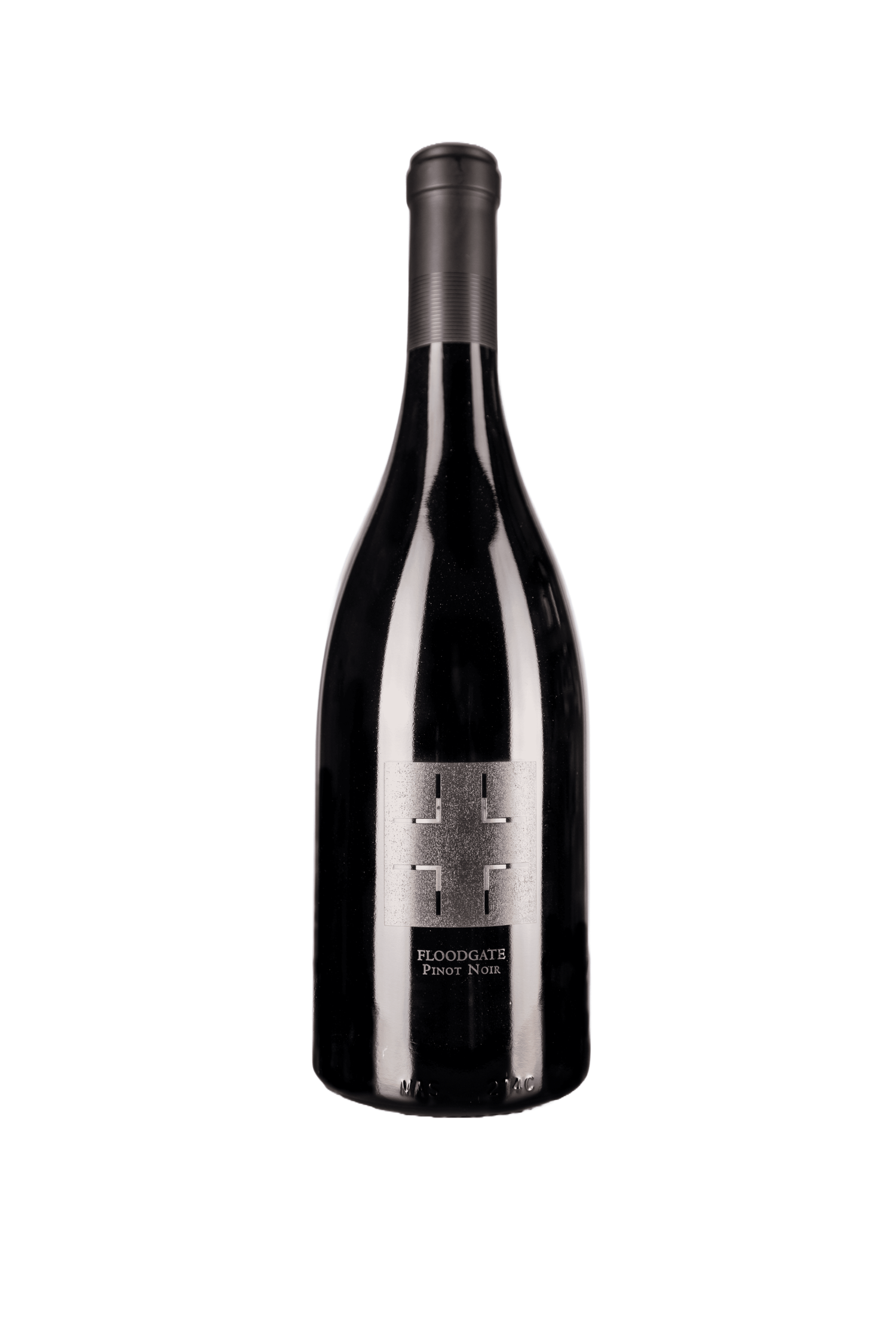Black wine bottle with minimalist design featuring geometric cross pattern on dark label.