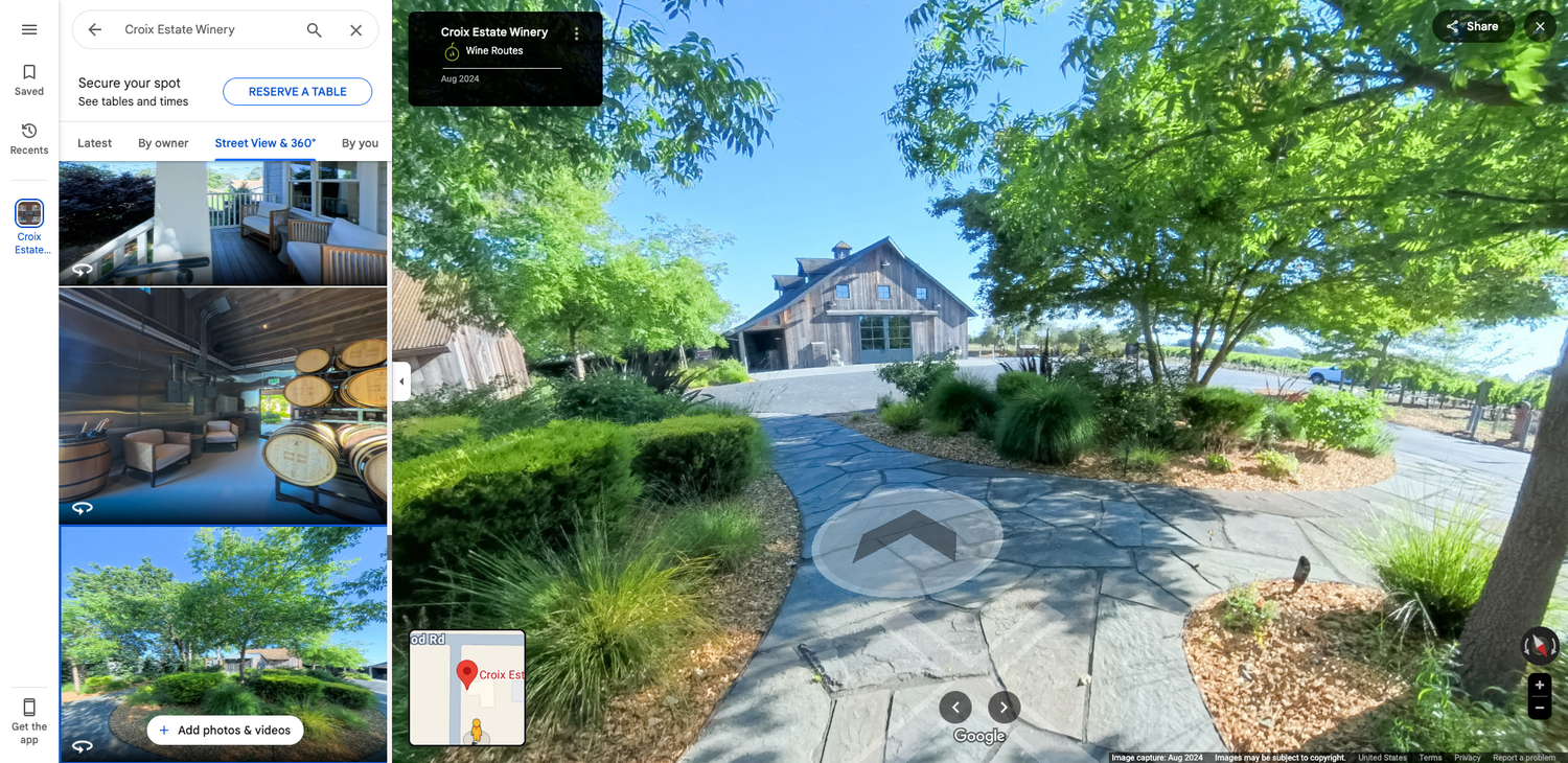 Aerial street view showing a residential property with trees and landscaping.