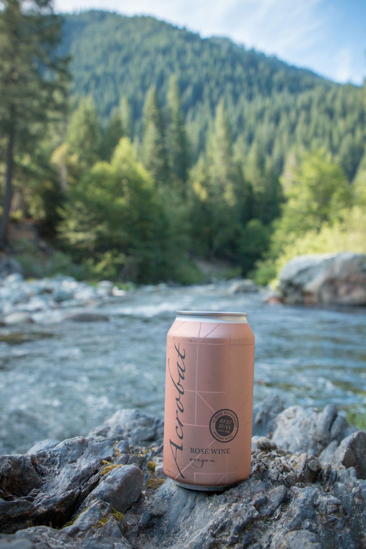Pink canned beverage positioned on rocky outcrop with forested mountain landscape behind.
