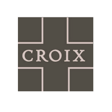 Minimalist grey logo design for Croix winery with geometric cross pattern.