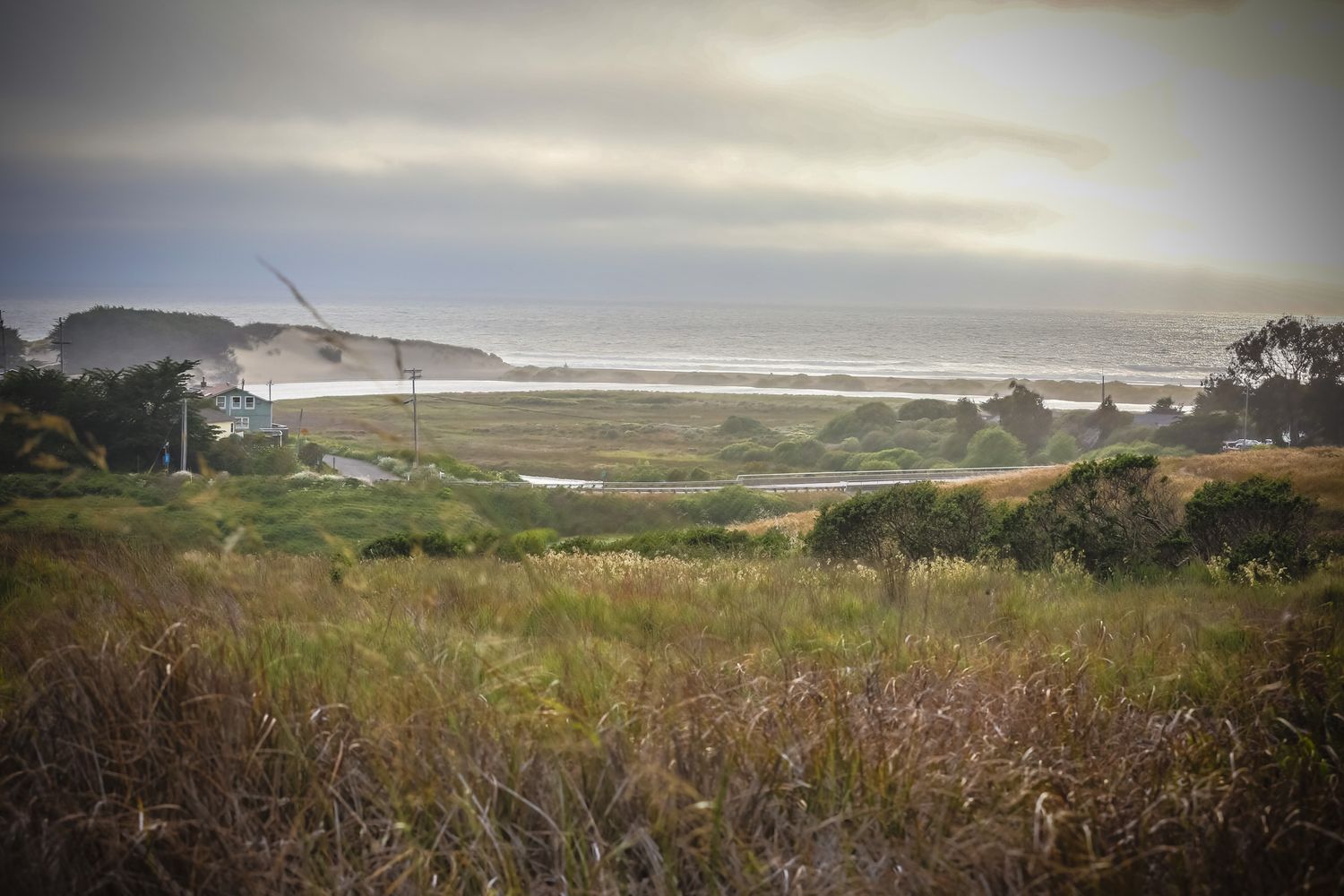 Misty coastal landscape with rolling hills and ocean views.