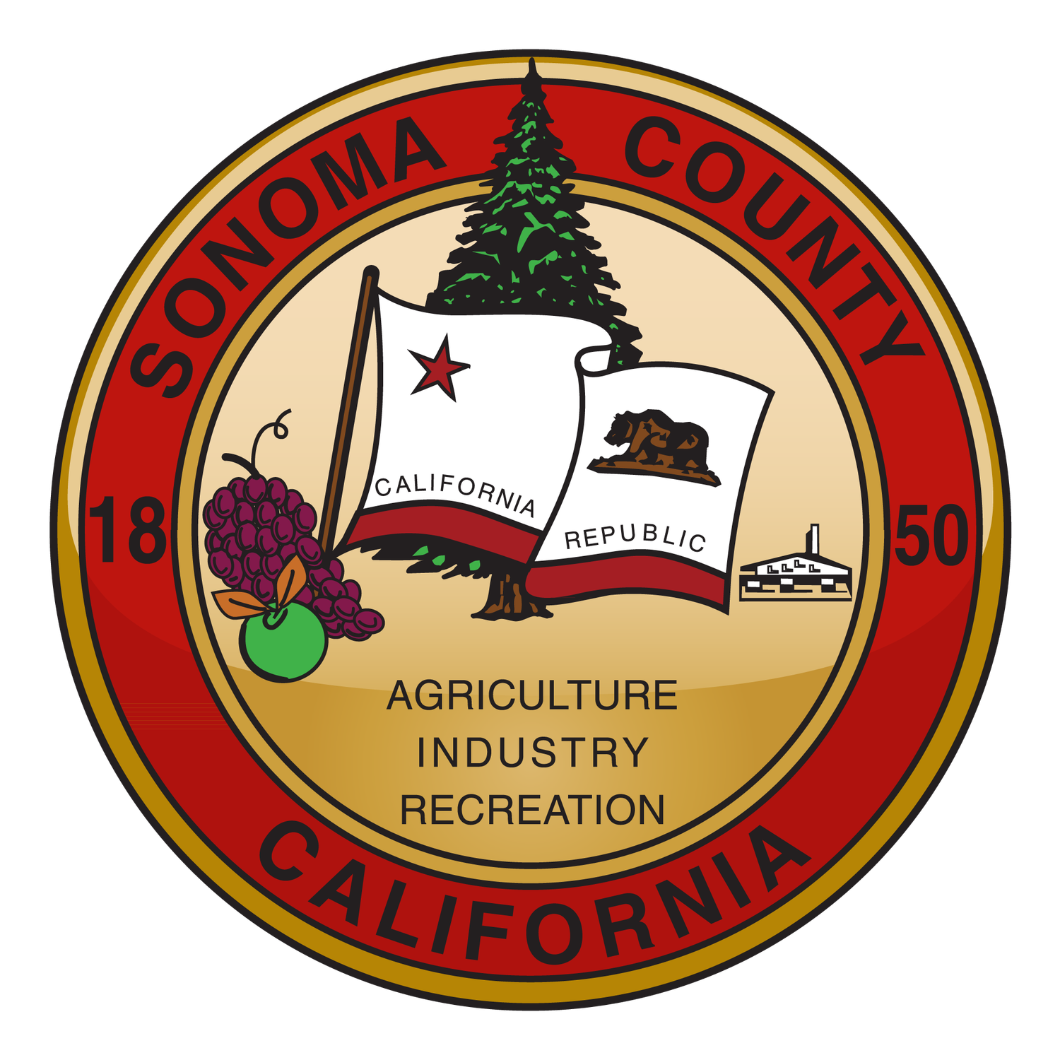 Sonoma County California seal showing agriculture, industry and recreation with bear flag.
